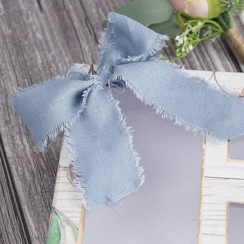 HUIHUANG Dusty Blue Cotton Linen Ribbon 1.5 Inch Handmande Rustic Frayed Edge Ribbon on Wooden Spool Fringe Fabric Ribbon for Wedding Bridal Bouquet, Invitation Tie, Baby Shower, Gift Wrap - 5 Yards