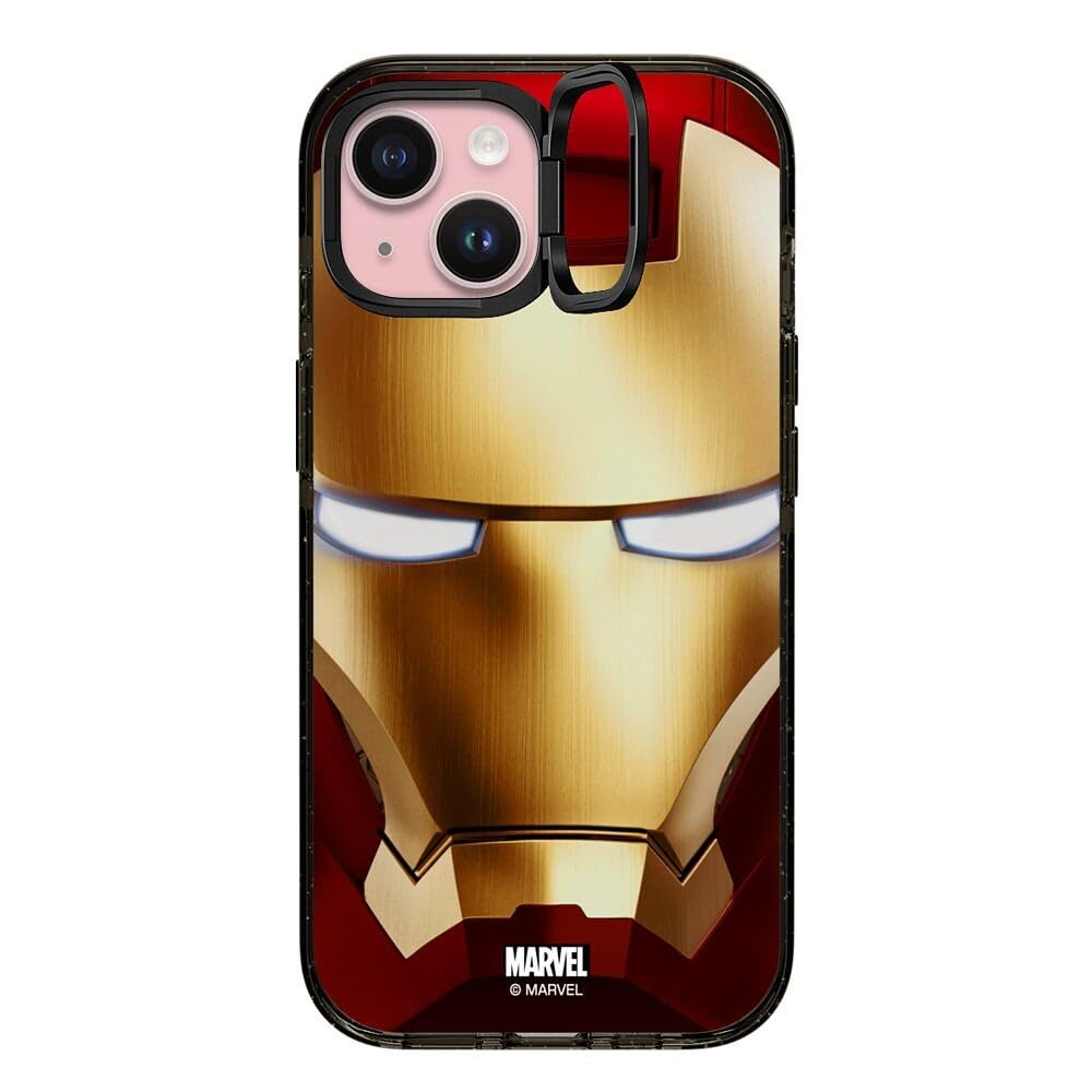 CASETiFY Impact Ring Stand iPhone 15 Case [Iron Man Co-Lab / 3X Military Grade Drop Tested / 6.6ft Drop Protection/Compatible with Magsafe] - Iron Man Hero Mask - Clear Black
