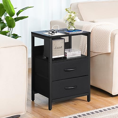 Yoobure Nightstand with Charging Station, Small Night Stand with Fabric Drawers and Storage Shelf for Bedrooms, Nightstands for Small Spaces, Bedside Table with USB Ports & Outlets Bed Side Table