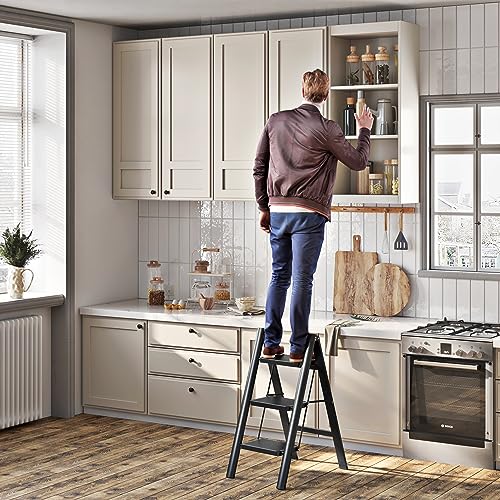 JOISCOPE 3 Step Ladder,Lightweight Folding Step Stool with Anti-Slip Pedal,600 lbs Portable Sturdy Steel Ladder for Adults,Multi Purpose Folding Ladder for Home Kitchen Office,Space Saving,Black