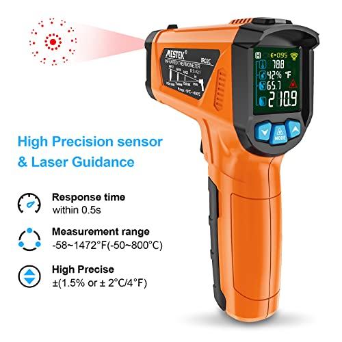 MESTEK Infrared Thermometer Temperature Gun, -58℉~1472℉, Non-Contact Digital Laser Thermometetr Gun with K-Probe for Cooking Grill Pizza Oven, IR Thermometer Temp Gun with Adjustable Emissivity
