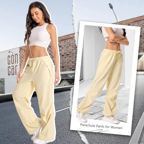 Chuhee Parachute Pants for Woman Baggy Cargo Pants Drawstring Elastic Waist Y2K Causal Trousers with Pockets Army Green S