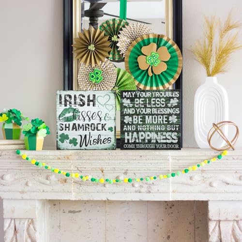 2 Pieces St Patrick's Day Decorations Shamrock Wood Blessing Box Signs Irish Table Decor Wood Block Plaque (7×7 inch, Green 2PCS)