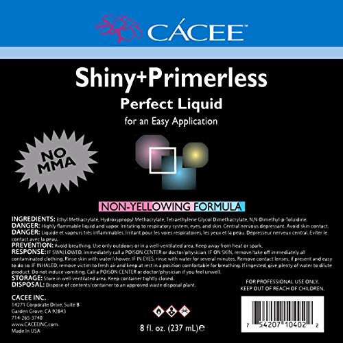 Cacee Shiny + Primerless Acrylic Nail Monomer Liquid 8 oz - Smooth, No Primer Needed, Non-Yellowing Formula, Compatible with Acrylic Nail Powder Set and Brush, Made in USA