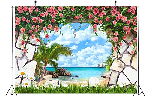 CORFOTO 7x5ft Fabric Window View of Tropical Beach Backdrop Pink Rose Flowers Stone Wall Scenery Palm Scenery Background Birthday Wedding Theme Party Decorations Photo Booth Studios Props Wallpaper