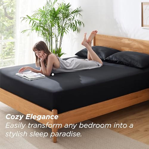 Bedsure Twin Fitted Sheet 2 Pack, Jersey Knit Polyester Twin Sheets, Cozy T-Shirt Soft & Breathable 16" Deep Pocket Sheets for Twin Bed, Wrinkle Free with 1 Pillowcase, Black(39" x 75")(No Flat Sheet)