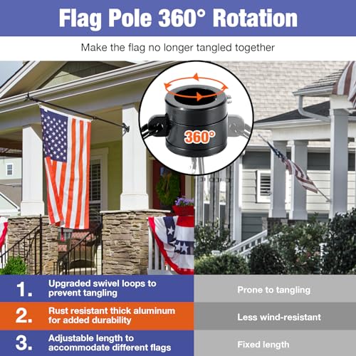 Flag Win 6FT Flag Pole Kit for House with Holder Bracket, Upgrade Stainless Steel Tangle Free Flagpole, Heavy Duty House Flag Pole Kit for 3x5 American Flag for Outside Porch,Outdoor,Boat (Black)