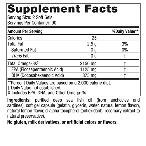 Nordic Naturals Ultimate Omega 2X, Lemon Flavor - 180 Soft Gels - 2150 mg Omega-3 - High-Potency Omega-3 Fish Oil with EPA & DHA - Promotes Brain & Heart Health - Non-GMO - 90 Servings