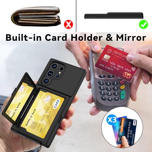 KJSK Wallet Case for Samsung Galaxy S23 Ultra (2023) with [Card Holder]&[Built-in Mirror]&[Kickstand] - Rugged Military Grade Drop Protection Case for S23 Ultra 6.8" - Black