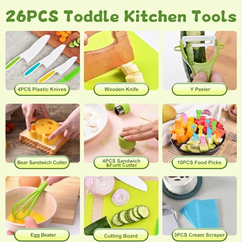 Hilsoeet 26PCS Kids Knives for Real Cooking, Wooden Kids Kitchen Knife Set Include 4 Serrated Edges Plastic Toddler Knives, Cutting Board, Y Peeler, Egg Beater, Toddler Food Picks and Cream Scraper