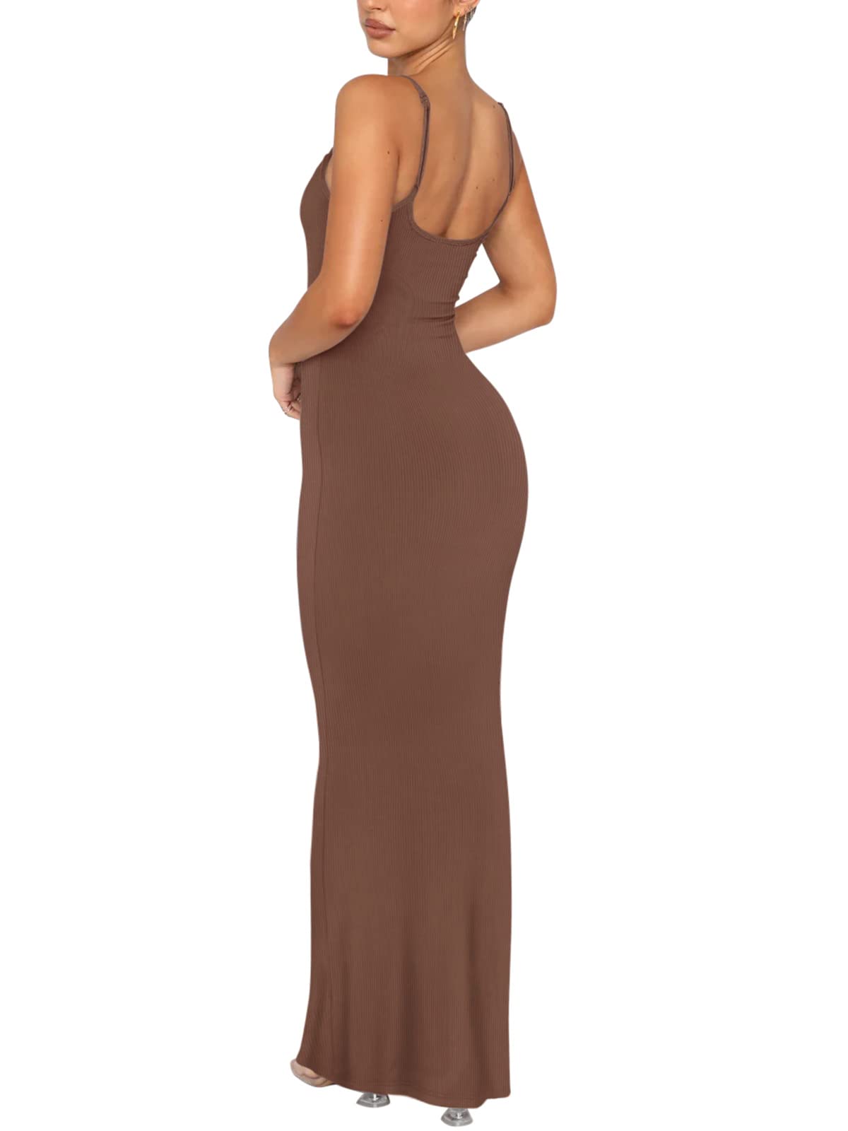 REORIA Women's Sexy Casual Lounge Slip Long Dress Elegant Wedding Guest Sleeveless Backless Ribbed Bodycon Maxi Dresses Coffee Medium