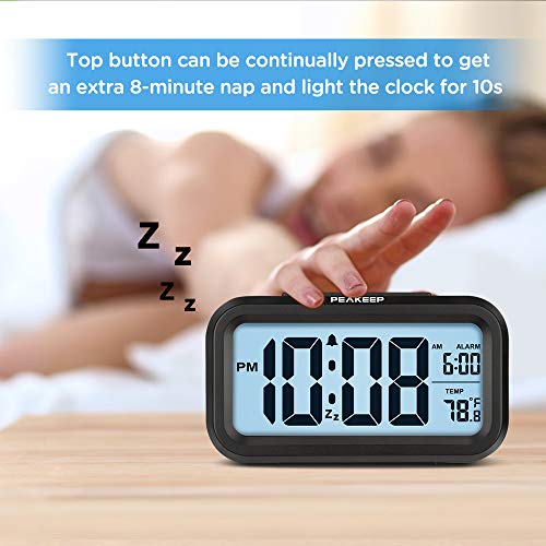 Peakeep Night Light Digital Alarm Clock Battery Operated with Indoor Temperature, Desk Small Clock (Black)