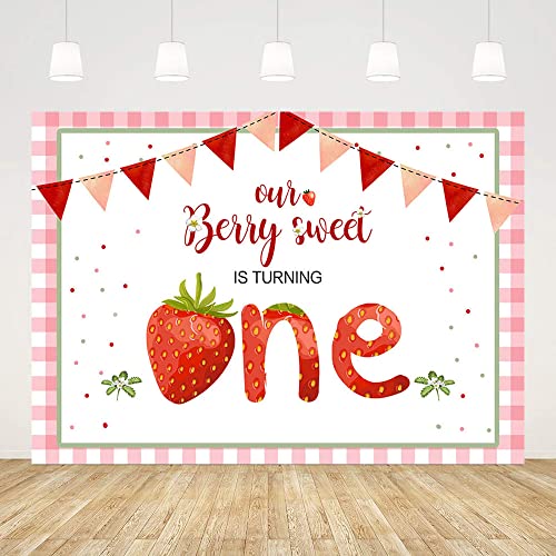 ABLIN 7x5ft Sweet Strawberry 1st Birthday Backdrop for Girls Berry Sweet Baby Girl 1st Birthday Decorations Banner Pink Stripe Red Pennant Photography Background Wall Decor Props