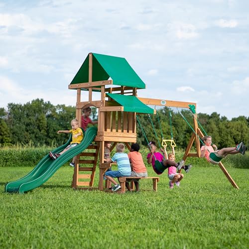 Backyard Discovery Belmont Cedar Wood Swing Set with Wave Slide, Play Deck, Rock Wall Ladder, Snack Bar Window, Shaded Picnic Area, Bench, Belt Swings, Trapeze, Sandbox Area, Canopy, Outdoor Playset