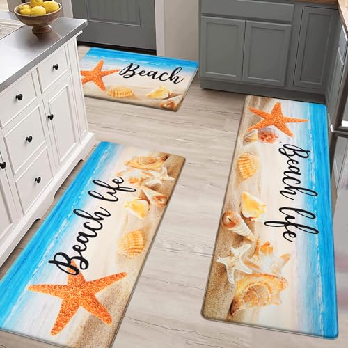 ASPMIZ Coastal Beach Kitchen Floor Mat, Ocean Cushioned Kitchen Mats Rug Non Slip Washable, Sea Shell Waterproof Memory Foam Comfort Rugs PVC Standing for Home Sink, 18"x 30" + 18" x 48" + 18" x 60"