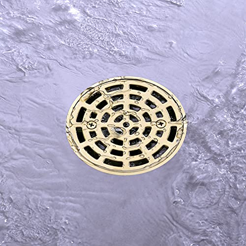 4 1/4 Inch Round Shower Floor Drain Grate with 2 Inch Threaded Adaptor and Drain Base Flange, Brushed Gold