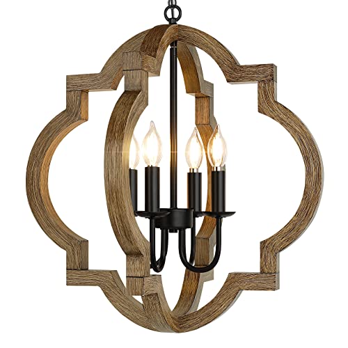 21.6'' Farmhouse Wood Chandelier, 4-Light Rustic Dining Room Light Fixture, Orb Chandelier Light Adjustable Hanging Chain,Black Chandelier for Kitchen Island Foyer Over Dining Table, Bulb Not Included