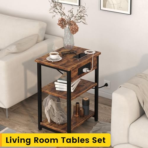 End Tables Set of 2 with Charging Station USB Ports, 3 Tier Tall Night Stand with Storage Shelves, Record Player Stand Narrow Side Table for Small Space Living Room Bedroom Office, Easy Assembly,Black