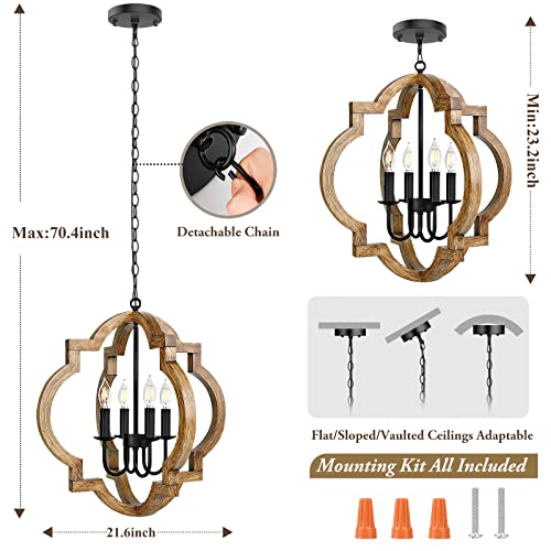 21.6'' Farmhouse Wood Chandelier, 4-Light Rustic Dining Room Light Fixture, Orb Chandelier Light Adjustable Hanging Chain,Black Chandelier for Kitchen Island Foyer Over Dining Table, Bulb Not Included