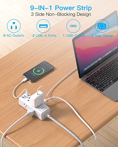 Power Strip Surge Protector - 6 Widely Outlets with 3 USB Ports(1 USB C), 3 Sided Outlet Extender, Flat Plug Extension Cord, Wall Mount Small Power Strip for Home Office Travel College Dorm Room