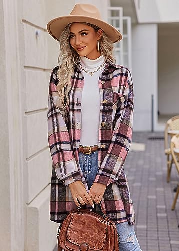 HOTOUCH Womens Flannel Plaid Shacket Jacket Casual Lapel Button Down Tartan Trench Coat Long Sleeve Shirts with Pockets Wine Red