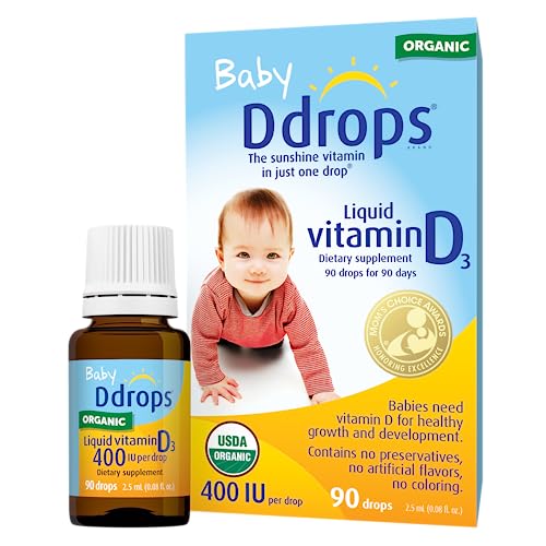 Ddrops Organic Baby 400 IU 90 Drops - Daily Vitamin D Liquid for Infants. Supports Teeth & Bone Health. No Preservatives, No Sugar, Non-GMO, Allergy-Friendly