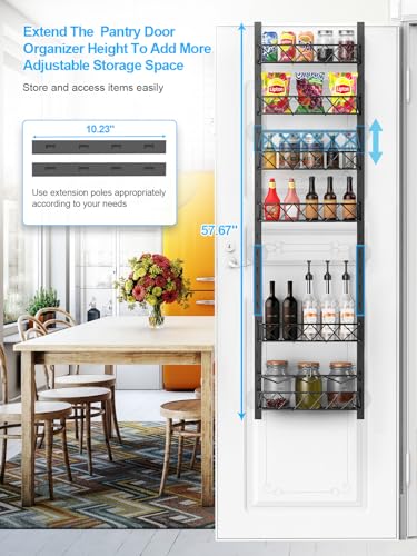 Fulpower Over the Door Pantry Organizer, 6-Tier Pantry Organizers and Storage, 6+1 Metal Hanging Wall Mount Spice Rack for Kitchen Behind the Door Storage Organizer with Adjustable Basket