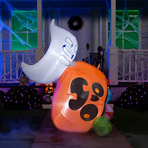 Joiedomi 5 ft Tall Halloween Inflatable Outdoor Decoration, Halloween Blow Ups Cute Ghost Ghosts Halloween Decorations, Blow Up Ghost with Pumpkin Candy Bag with LEDs for Halloween Decor