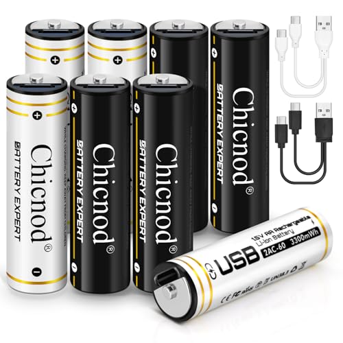 CHICNOD 2 Pack AA Rechargeable Batteries-AA Lithium Battery，1.5V Constant AA Lithium ion Double A Batteries 3300mWh High Capacity Long Lasting 1.5H Quick Charge USB Charging Cord