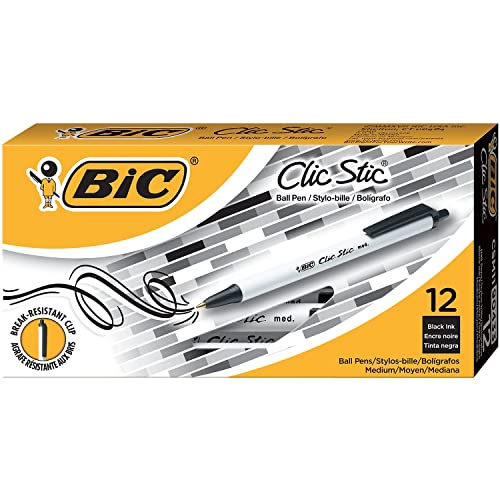 BIC Clic Stic Black Retractable Ballpoint Pens, Medium Point (1.0mm), 12-Count Pack, Round Barrel Design for Comfortable Writing