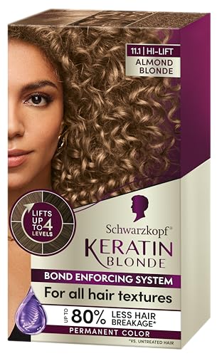 Schwarzkopf Keratin Blonde Hair Dye Almond Blonde 11.1, Hi-Lift Permanent Color, 1 Application - Hair Color Enriched with Keratin, Lightens up to 4 Levels and Protects Hair from Breakage