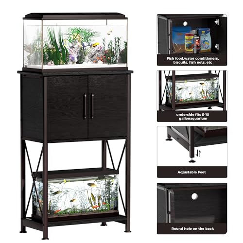 Herture 5-10 Gallon Fish Tank Stand, Metal Double Aquarium Stand with Cabinet for Fish Tank Accessories Storage, Heavy Duty 20.5" L* 11.02" W Tabletop, 500LBS Capacity Black PG06YGB