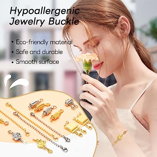 16 Pcs Magnetic Jewelry Clasps and Necklace Layering Clasp Necklace Extenders Gold Silver,Multiple Sizes and Styles Chain Extenders Magnetic Clasps for Jewelry Necklace Bracelet