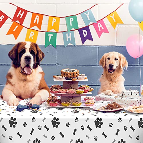 QEYMN Puppy Paw Print Plastic Tablecloth Table Cover, 3 Pack Pupply Paw Print Disposable Rectangle Table Covers for Kids Birthday Party, Pet Puppy Themed Birthday Party Decorations, 54x108 inch