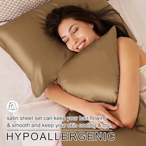 JOOKI Queen Size Satin Sheets Deep Pocket,Super Soft Cooling Sheets Queen Size,Queen Silk Sheets Set Deep Pocket,Wrinkle Free,Breathable,Yellow Leopard