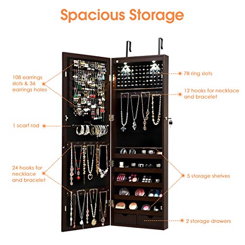 Giantex Jewelry Armoire Wall Door Mounted, Lockable Jewelry Cabinet with 42.5'' Full Length Mirror, 2 LEDs Jewelry Organizer Box with 2 Drawers, Mirror with Jewelry Storage (Espresso)