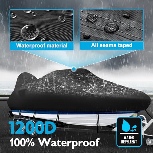 Boatpro Boat Cover 16-18ft with Motor Cover, Waterproof 1200D Fade Resistant Solution-Dye Marine Canvas Trailerable Boat Covers for 16 feet 17ft 18' Foot V-Hull Bass Boat Tri-Hull Runabout Boat, Black
