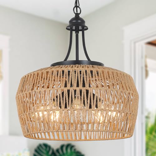 HMVPL Farmhouse Chandelier for Dining Room, 3-Light Boho Rattan Chandelier Light Fixture Ceiling Hanging with Woven Lampshade, Small Wicker Coastal Pendant Light for Kitchen Bedroom Island Hallway