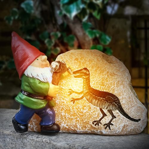 Yiosax Garden Gnome Statues-Solar Gnomes Statues-Outdoor Gnome Figurine Decor Dinosaur Resin Decoration for Patio Yard Lawn Ornament Dwarf Gift for Woman 5.5 Inches