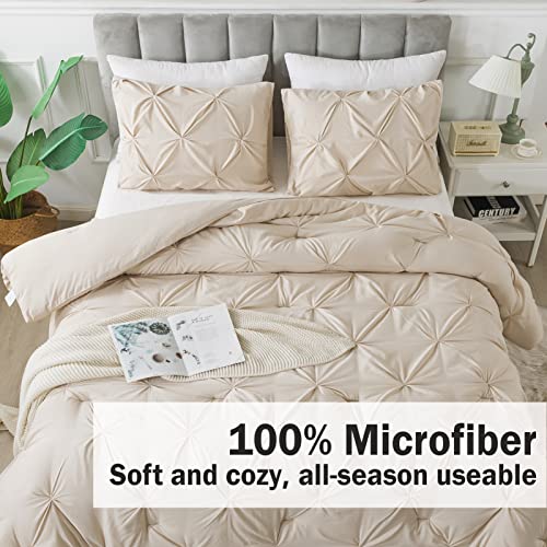 Andency Khaki Pinch Pleat Comforter Queen(90x90Inch), 3 Pieces(1 Pintuck Comforter and 2 Pillowcases) Pintuck Comforter Set, Microfiber All Season Down Alternative Bedding Set