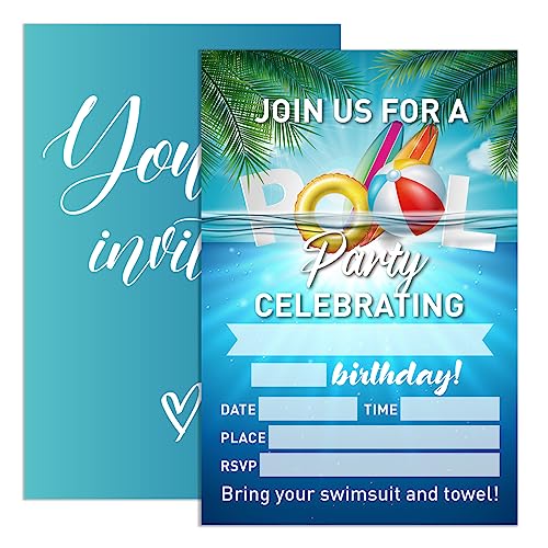 UDNADKEX Birthday Invitations Pool Party for Boy with Envelopes, Invites for Birthday Summer Pool Party, Swimming Party Birthday Invite Cards, Join Us for A Pool Party Celebrating, 4"x6" Set of 20