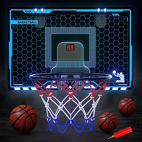 HopeRock Indoor Mini Basketball Hoop for Kids, Basketball Hoops Over The Door with LED Lighting, Mini Hoop with Scoreboard & 3 Balls, Basketball Toys Gifts for 5 6 7 8 9 10 11 12 Year Old Boys Girls