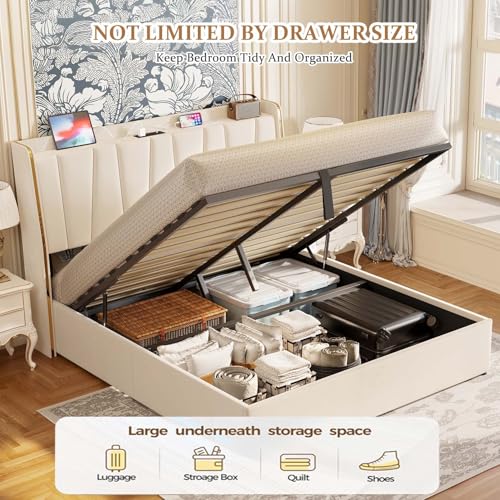 Koorlin Lift Up Storage Bed Frame Full Size with Type C & USB Charging Station Port, Adjustable Wingback Headboard, Velvet Upholstered Lift Up Storage Platform Bed Frames No Box Spring Needed, Beige