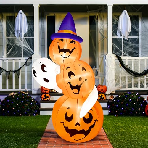 Joiedomi 6 FT Tall Halloween Inflatable Outdoor Decorations, Pumpkin Inflatable Halloween Decor Outdoor, Halloween Blow Ups Ghost and Pumpkins with Witch Hat for Cute Halloween Decorations Outdoor