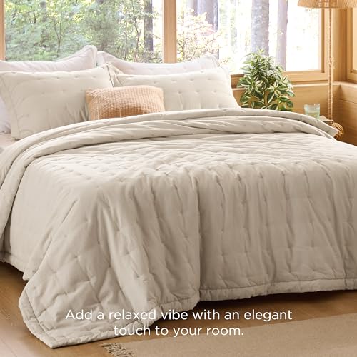 Bedsure Linen Quilt Queen Size, Cotton Linen Blend Queen Quilt Sets Linen Bedspread with Natural Wrinkles-Queen Cotton Linen Bedding Set 3-Piece for All Seasons-White (90x96)