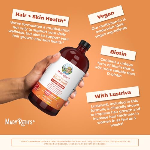 MaryRuth's Liquid Multivitamin + Lustriva® Hair Growth for Women| Biotin 10000mcg | Vitamin D | B Vitamins |Clinically Tested for Thicker Hair, Wrinkles, Fine Lines, Skin Care| Ages 18+ | 15.22 Fl Oz