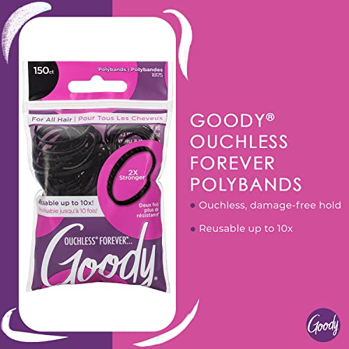 Goody Ouchless Womens Polyband Elastic Hair Tie - 150 Count, Black - Fine Hair - Hair Accessories to Style With Ease and Keep Your Hair Secured - Perfect for Fun and Unique Hairstyles - Pain-Free