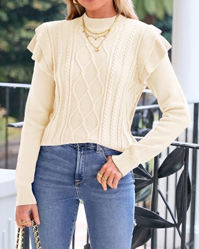 KIRUNDO Women's 2024 Fall Winter Fashion Ruffle Long Sleeve Chunky Cable Knit Sweater Casual Crew Neck Ribbed Pullover Beige White