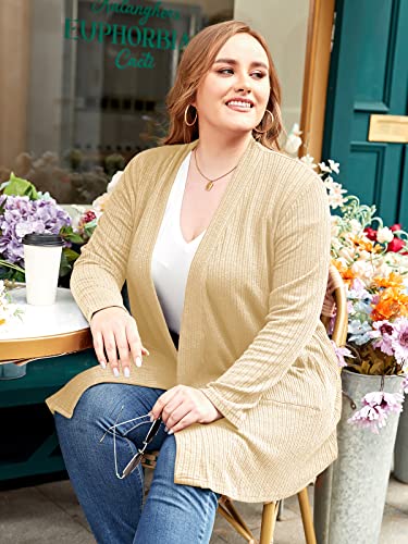 LARACE Open Front Knit Cardigan Sweaters for Women Plus Size Long Sleeve Tops with Pockets Lightweight for Winter(F-WineRed 5X)