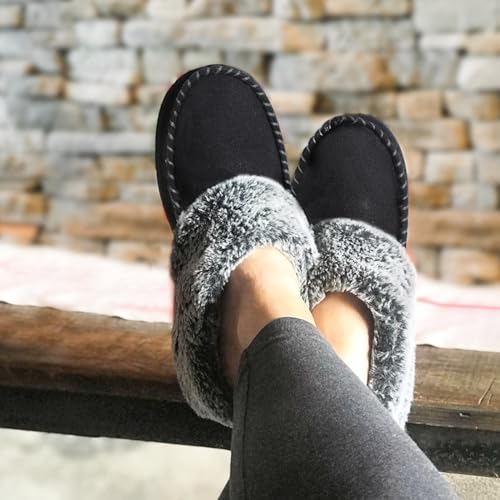 ULTRAIDEAS Women's Memory Foam House Slippers with Hard Bottom, Fur Lined House Shoes with Non-Slip Rubber Sole for Indoor & Outdoor (Black, 5-6)